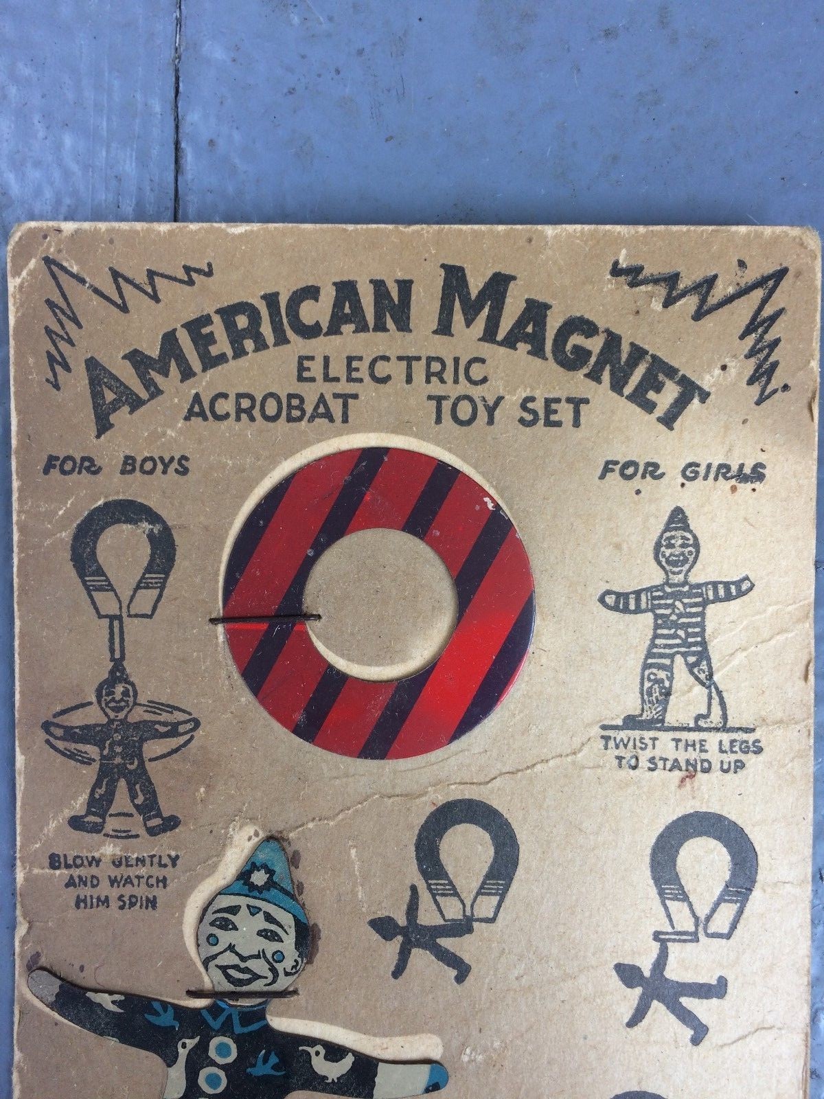 RARE ANTIQUE VINTAGE EARLY TIN TOY AMERICAN MAGNET ELECTRIC ACRABAT CIRCUS CLOWN