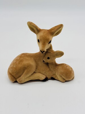 Vintage Flocked Spotted Deer Doe Fawn Figure Brown Felt Momma Baby Holiday Decor