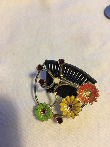 Vintage Hair Comb Laurel Leaf Enamel Flowers Yellow Orange Green Daisy Gold Tone