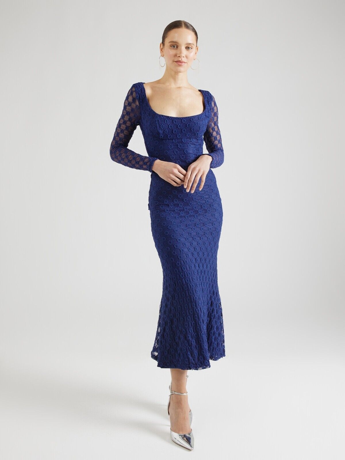 Bardot Adoni Lace Long-Sleeve Midi Dress Women's 4 Navy Scoop Neck Back Zip - Picture 1 of 17