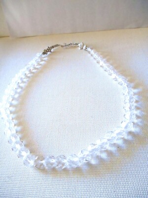 Vintage Single Strand Silvertone Clear Beaded Necklace  C30