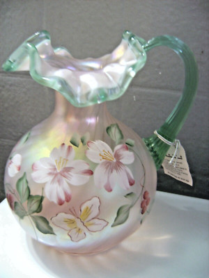 FENTON - D. CUTSHAW (HP) PINK OPAL SPIRAL OPTIC  BUTTERFLY/FLOWERS PITCHER