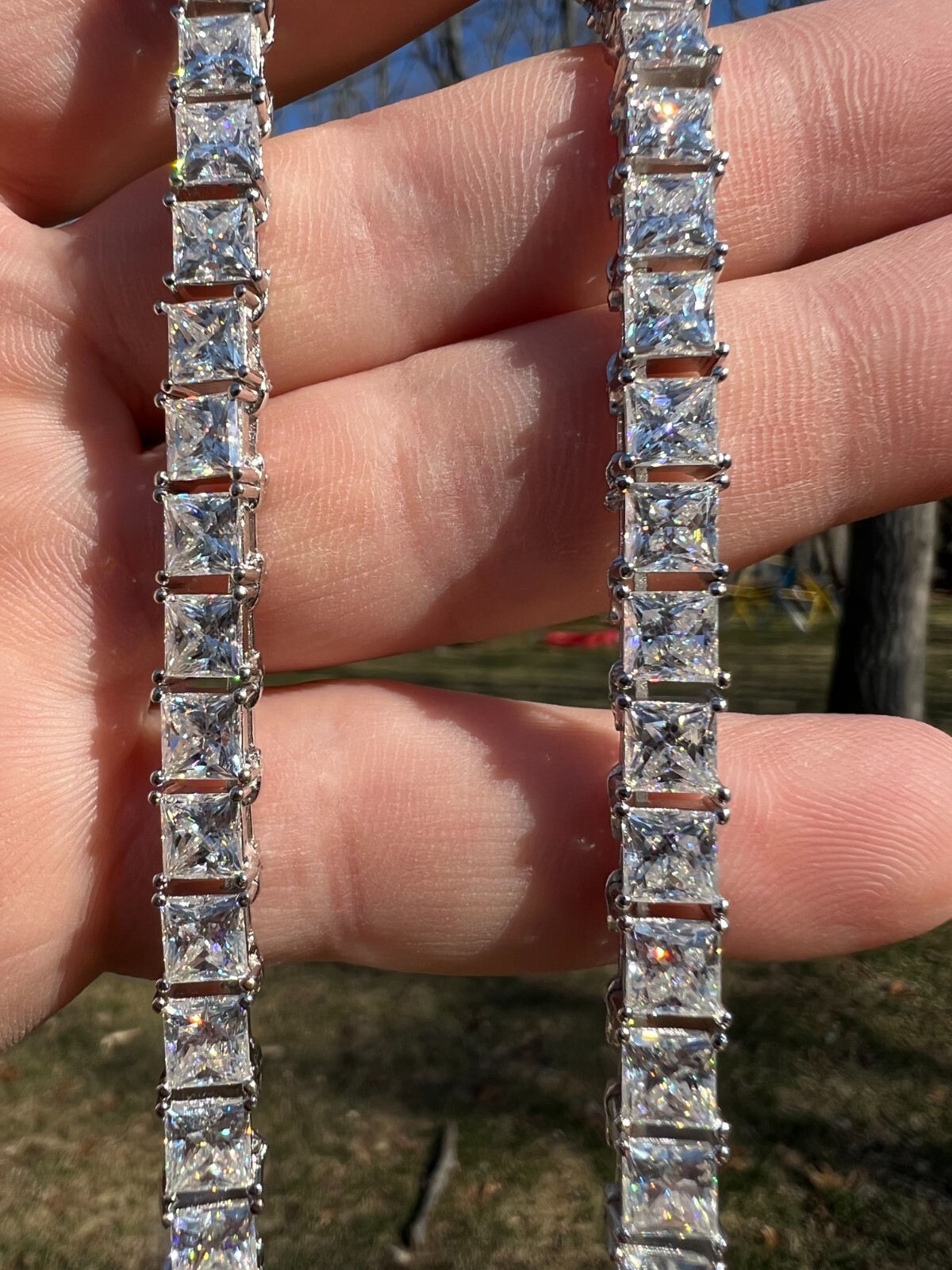 Pre-owned Harlembling Real 5mm Moissanite Princess Cut Square Tennis Chain Necklace Pass Diamond Test In Silver