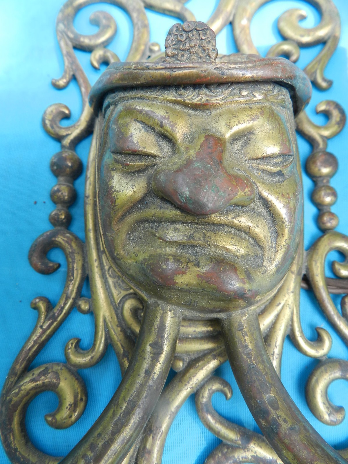 Unique Pair of 18C Antique Wall Sconces - Bronze Monk on Brass Scrolled Base