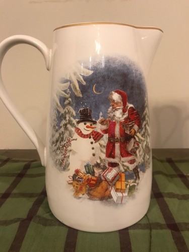 Pottery Barn Statement Santa White Pitcher with Santa/Snowman Trimmed In Gold.