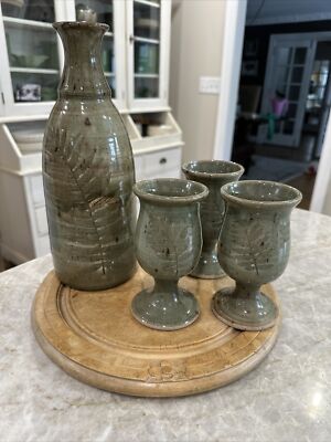 VINTAGE 70 Signed Studio Art Pottery Handmade Stoneware Wine Carafe Cup Signed