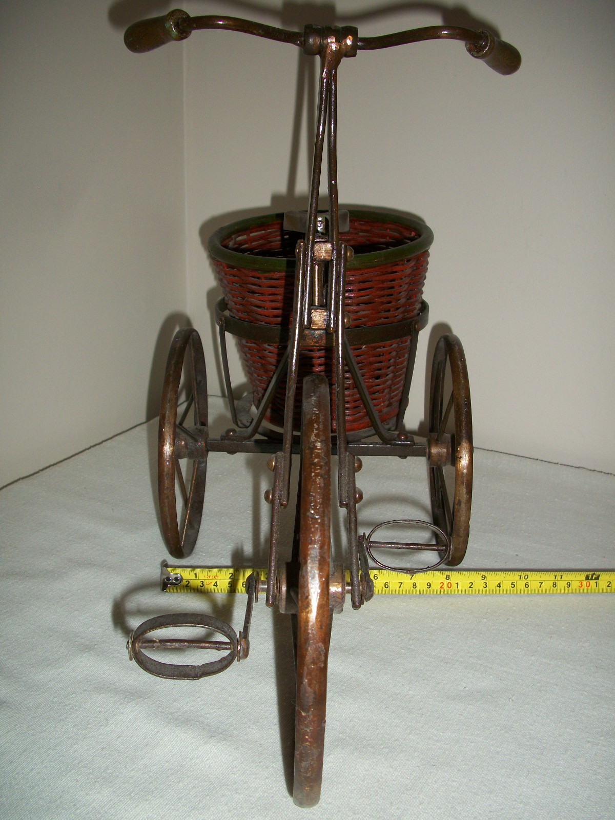 Vintage Metal Wood Tricycle Wicker Basket Planter w/Wood Seat, Handles, Wheels