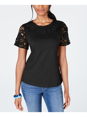 

CHARTER CLUB Женская черная футболка с коротким рукавом и круглым вырезом  XS, Черный