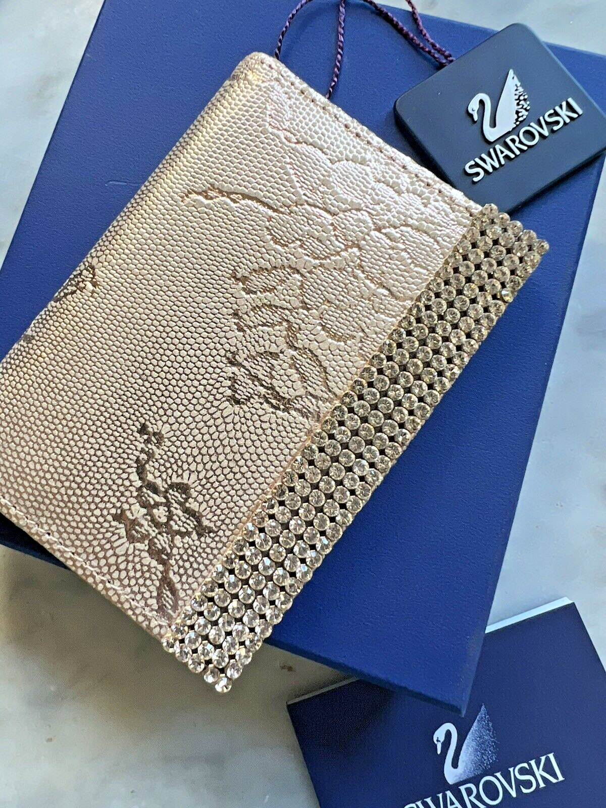 NEW Frilly WALLET ID RARE SWAROVSKI CRYSTAL Rose Gold Leather lace RETIRED $120