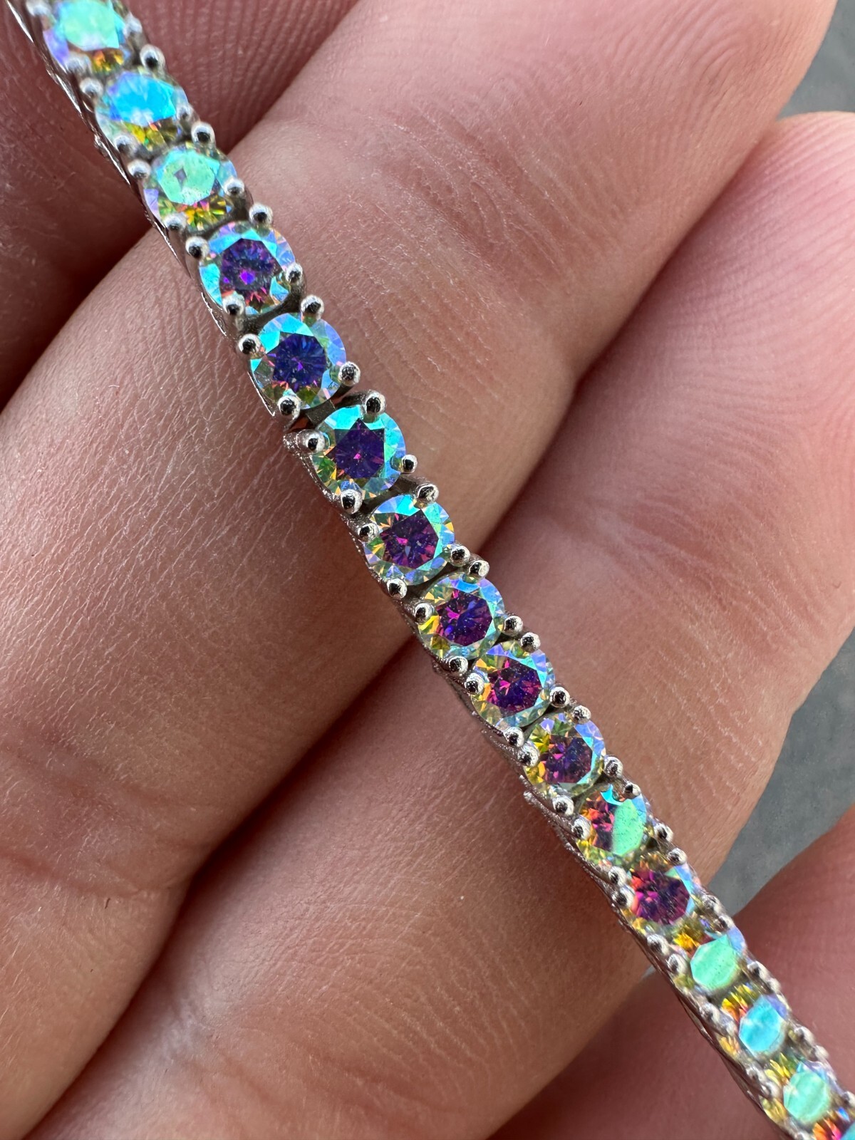 Pre-owned Silver Real Iced Opal Rainbow Moissanite 3mm Tennis Bracelet 925  Diamond Tester