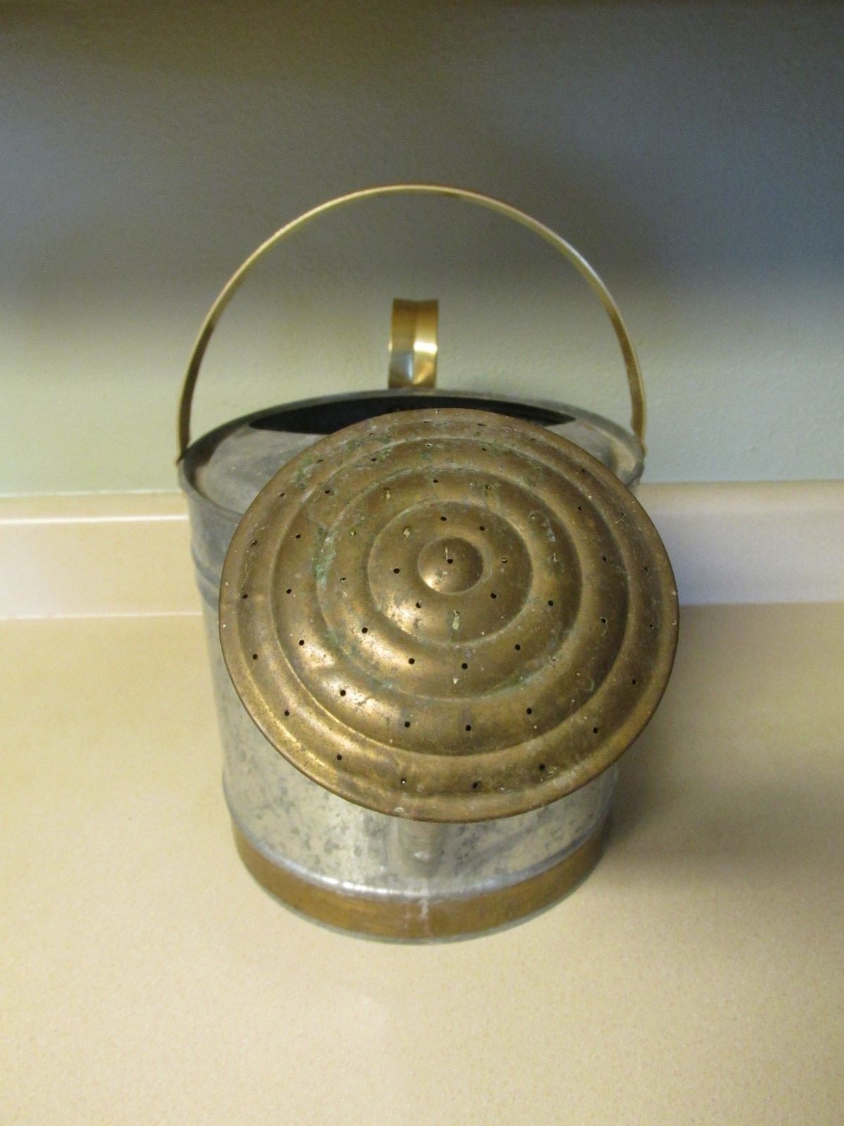 WATERING GALVANIZED METAL CAN WITH SPOUT AND 2 GOLD TONE HANDLES!