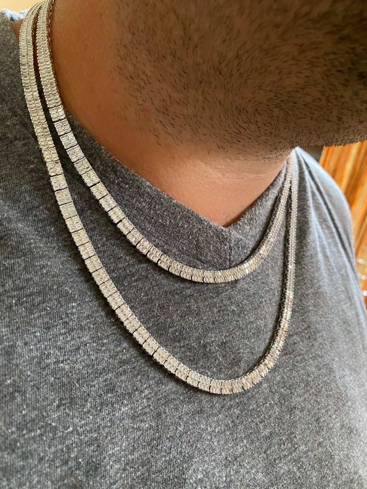 Pre-owned Silver Solid 925 Sterling  Baguette Tennis Chain Iced Cz Necklace 5mm Hip Hop