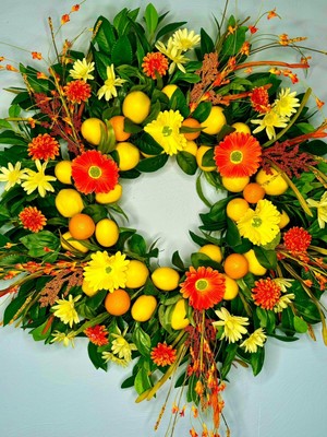 36 Inch Handmade Lemon, Tangerine And Gerber Daisy Citrus Wreath For Front Door