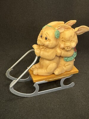 Vintage 1989 Enesco Kathy Wise Pigs on a Sled Resin Christmas Figurine