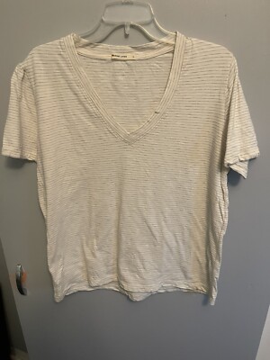 Marine Layer Women s NWOT Off White Striped Tee Short Sleeve V-Neck Size Large