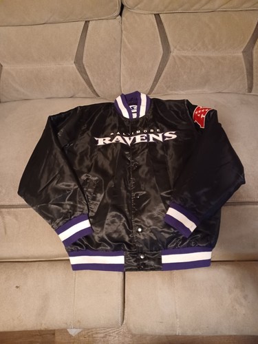 Baltimore Ravens Starter Satin Black Jacket bomber coat Purple Liner sz XL