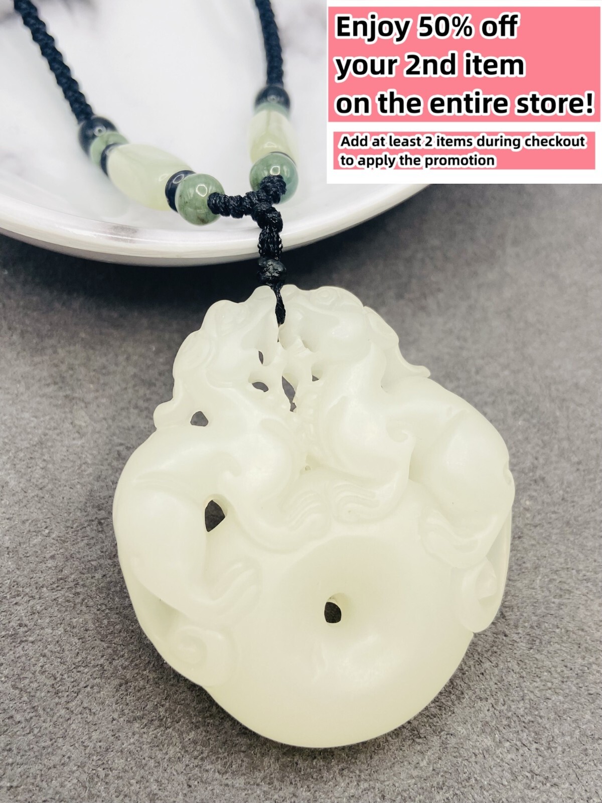 Ivory Jade Lions Charm Pendant Necklace Adjustable Cord Handmade Carve Gemstone - Picture 1 of 6