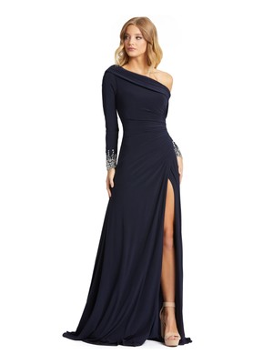 MAC DUGGAL Womens Navy High Front Slit Long Sleeve Formal Gown Dress 12