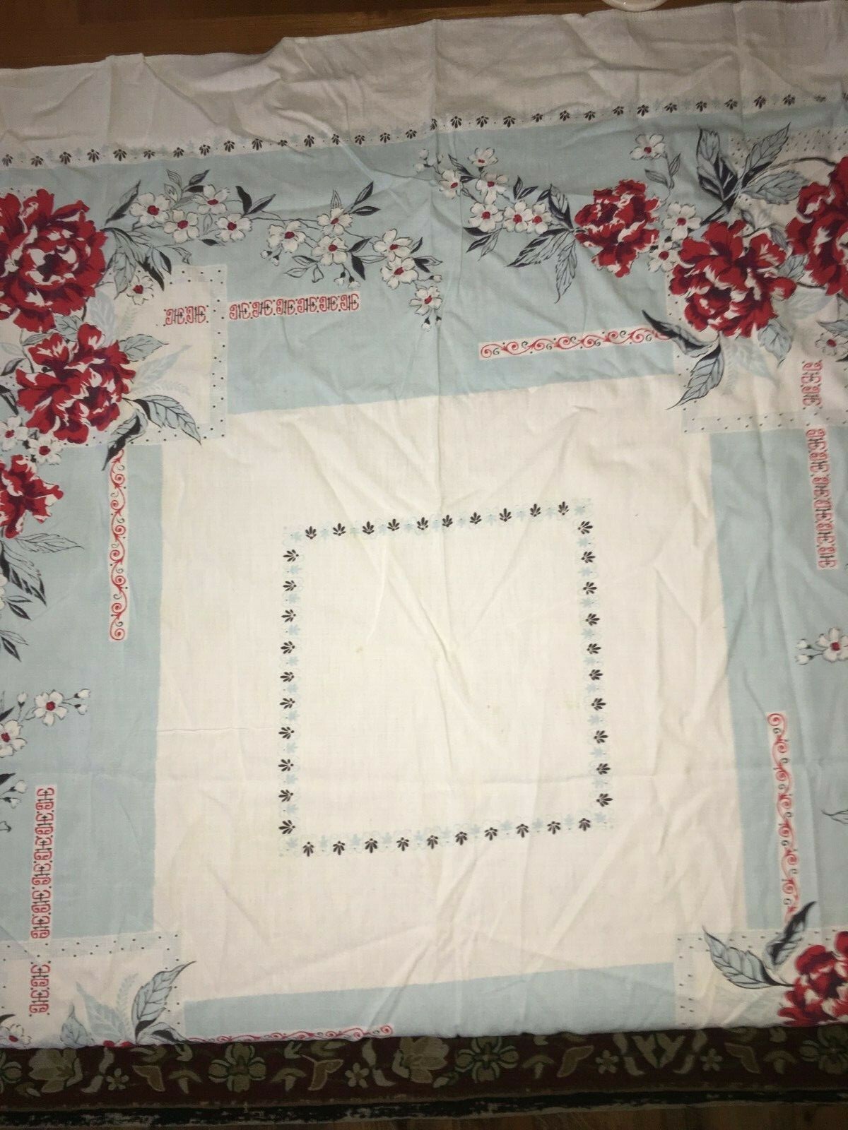 Vintage 1940's Table cloth Pastel Blue and Red Roses Square 43 X 43 inches