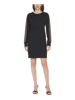 

CALVIN KLEIN Женская вязаная одежда с круглым вырезом выше колена с длинным рукавом и украшением, Черный