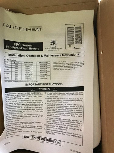 NEW FAHRENHEAT FFC2048 FAN FORCED WALL ELECTRIC HEATER 208/240V