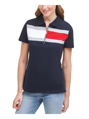 

TOMMY HILFIGER Женский темно-синий топ в рубчик с вырезом на молнии и вентилируемым краем с воротником-поло, Navy