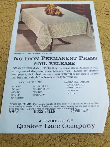 Vintage Moss Green Quaker Lace Tablecloth Oval 72