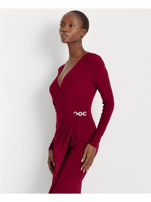 

Женское красное приталенное платье RALPH LAUREN с длинными рукавами и искусственным запахом, Красный