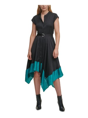 

DKNY Женское бирюзовое платье миди с поясом и короткими рукавами и поясом, Teal