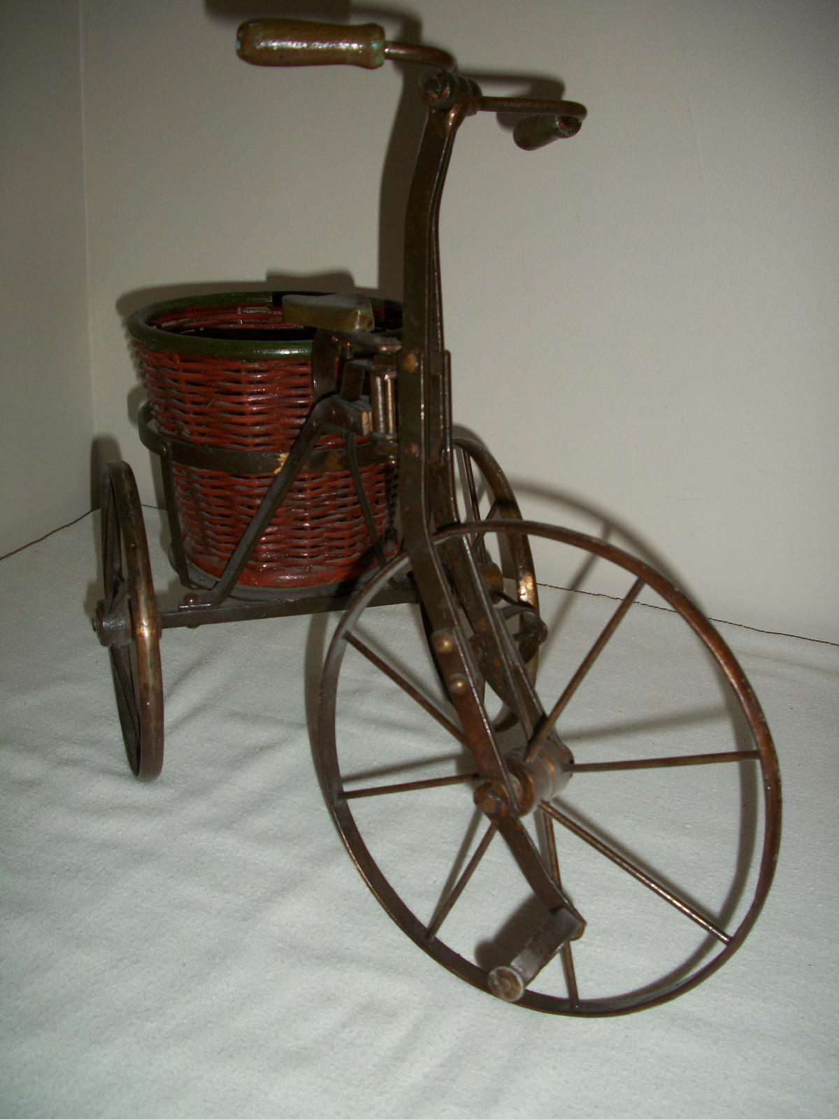 Vintage Metal Wood Tricycle Wicker Basket Planter w/Wood Seat, Handles, Wheels