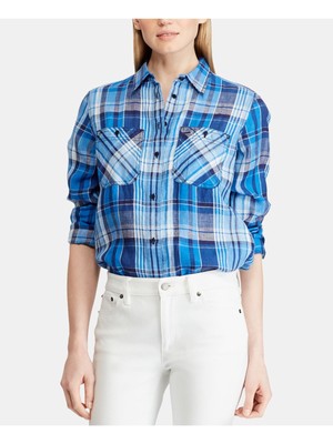 

Синий женский клетчатый топ на пуговицах с манжетами и воротником RALPH LAUREN Petites