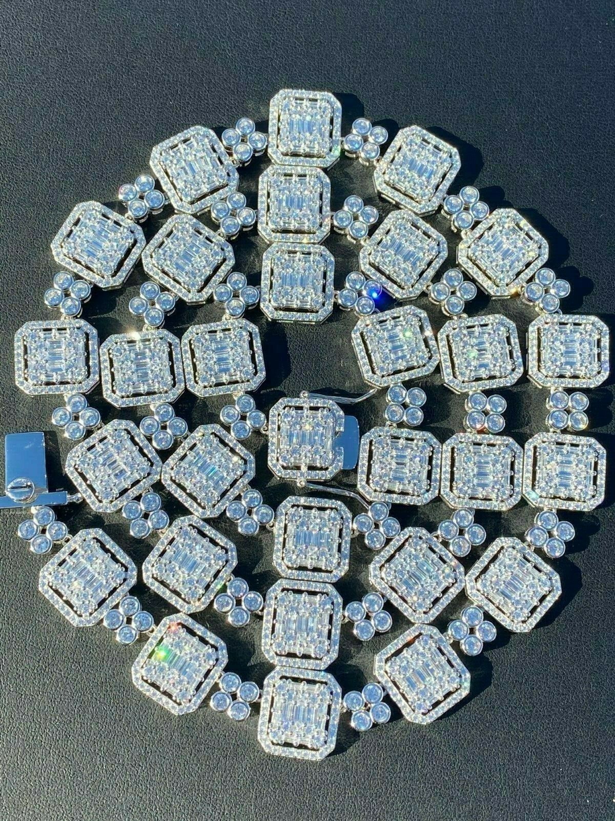 Pre-owned Silver 925 Sterling  Baguette Link Chain Iced 16mm Men's Cz Necklace Choker