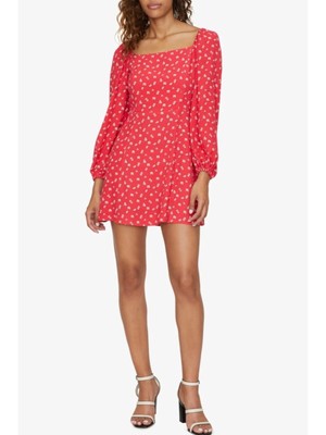 

SANCTUARY Женское красное платье с цветочным принтом и длинными рукавами и квадратным вырезом, короткое платье + расклешенное платье, Красный