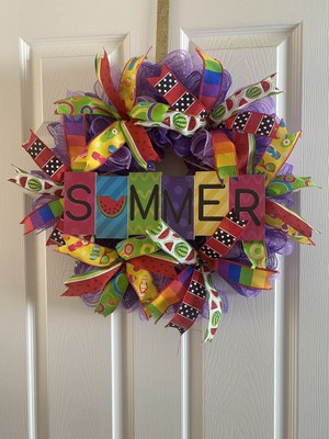 Colorful Summer Wreath,wooden sign, handmade,watermelon