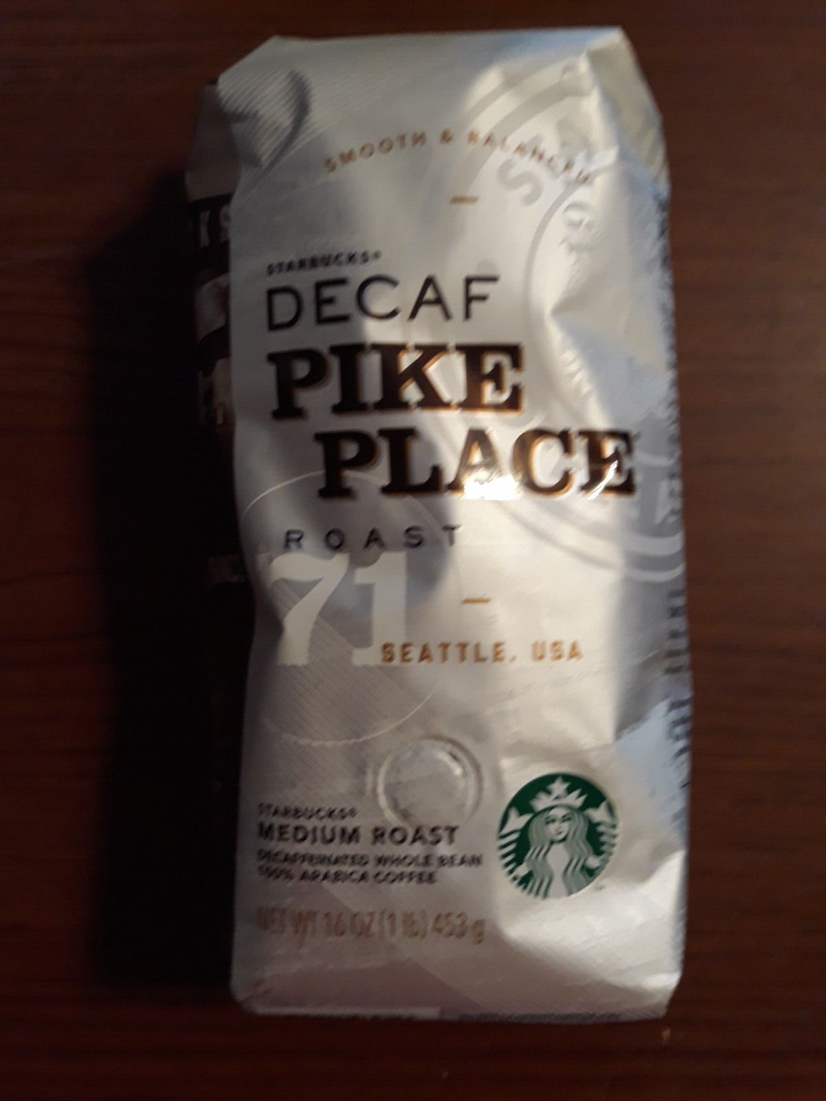 STARBUCKS Decaf Pike Place 71 Med Roast Whole Bean Coffee 16oz