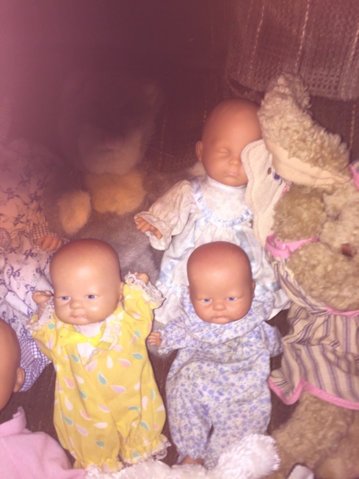 LOT OF 21 DOLLS AND STUFFED ANIMALS & MORE