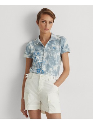 

LAUREN RALPH LAUREN Женская синяя футболка-поло с короткими рукавами и воротником тай-дай, Синий
