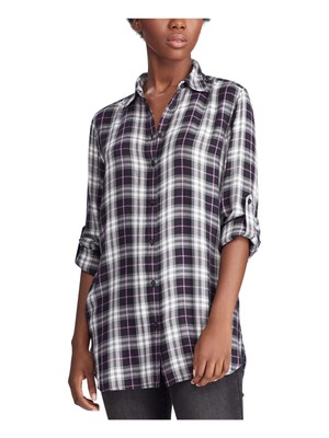 

Женский черный клетчатый топ с манжетами и воротником на пуговицах RALPH LAUREN Petites