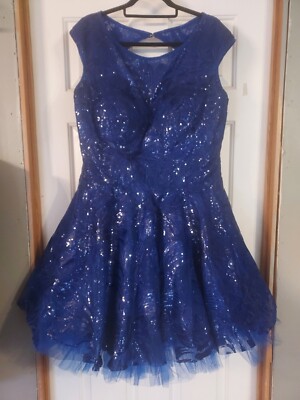 NWT - May Queen Couture Cap Sleeve Sequin Royal Blue Bubble Dress Size 14