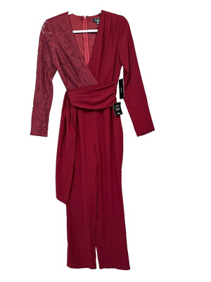Lulu's Womens ONE I ADORE Jumpsuit Size XS Burgundy Lace Long Sleeve