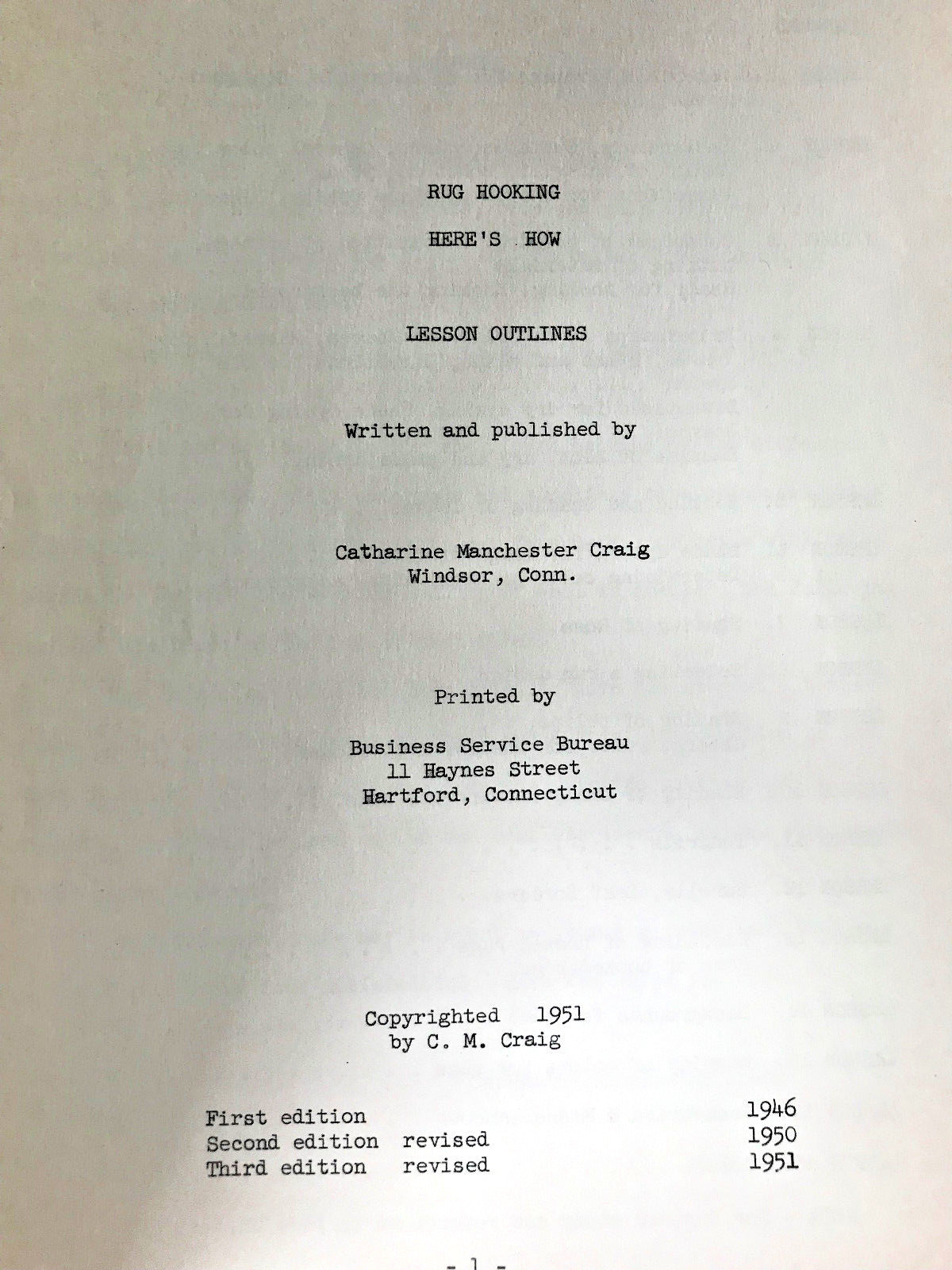 RUG HOOKING HERE'S HOW LESSON OUTLINES ~ PAMPHLET ~ 1951 ~ CATHERINE M. CRAIG