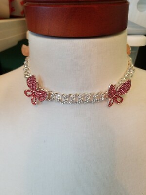 Silver pink ice Butterfly Cubic Zirconia Cuban Chain Choker Necklace Miami style