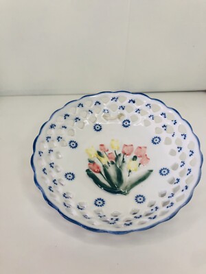 Vtg Delftware Porcelain Blue Hand Painted Raised Tulip Reticulated Bowl Dish 5''