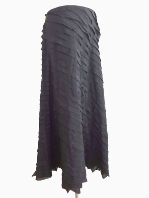 J Jill Long Midi Skirt Black Tiered Diagonal Ruffles Silk Blend Size 16 Bias Cut