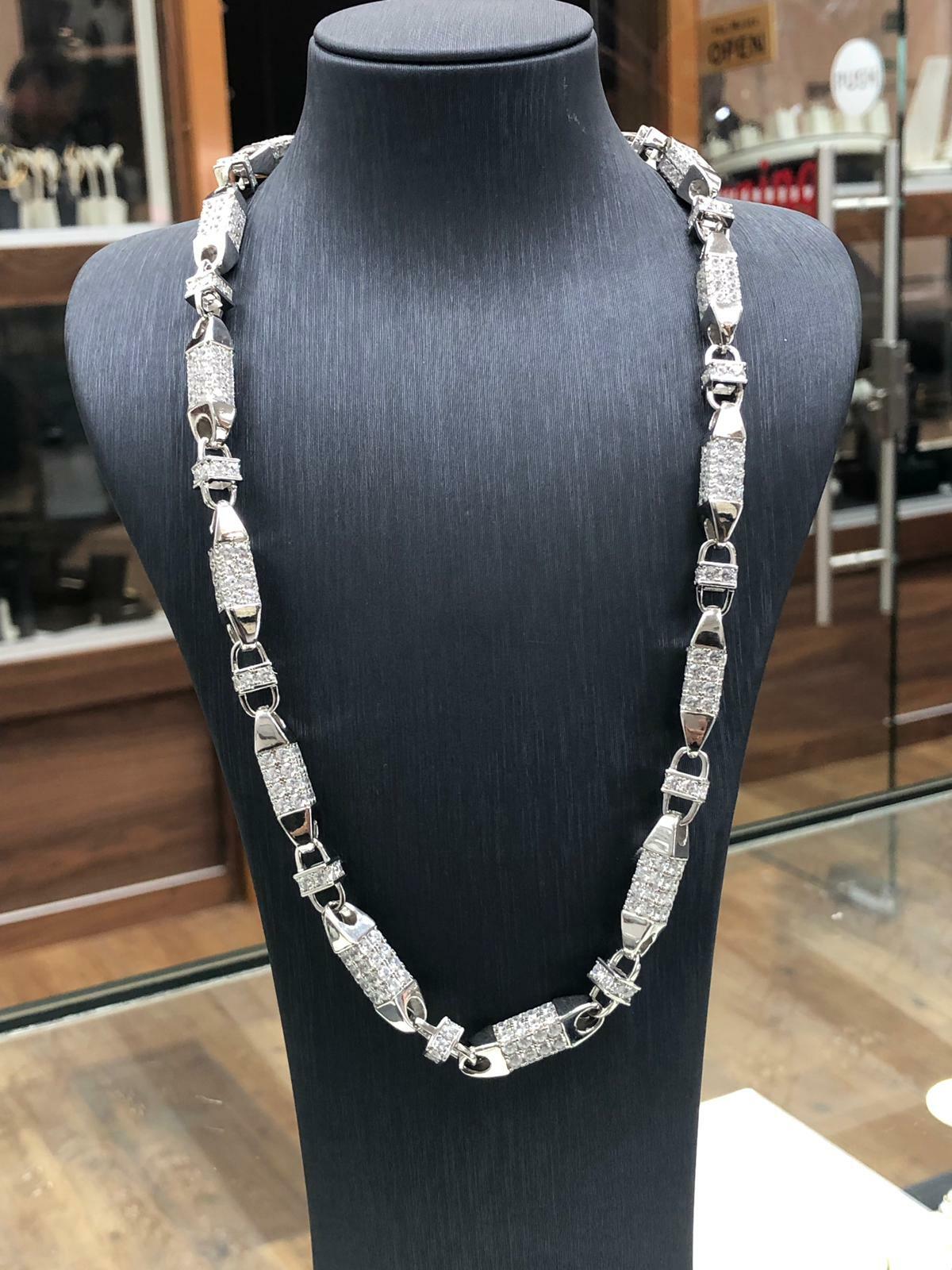 925 Sterling Silver 7mm Heavy Cz Chunky Block Chain Necklace