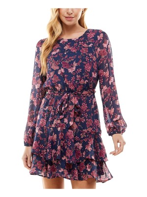CITY STUDIO Womens Navy Lined Back Self-tie Belt Sleeve Short Dress Juniors M