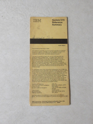 IBM System 370 Reference Summary Card - Fourth Edition Nov 1976 (Vintage)