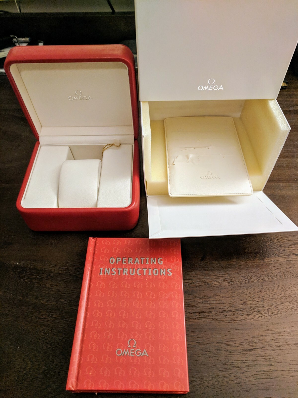 Omega Watch Box, Operating Instructions, Red Faux Leather Case & Card Sleeve