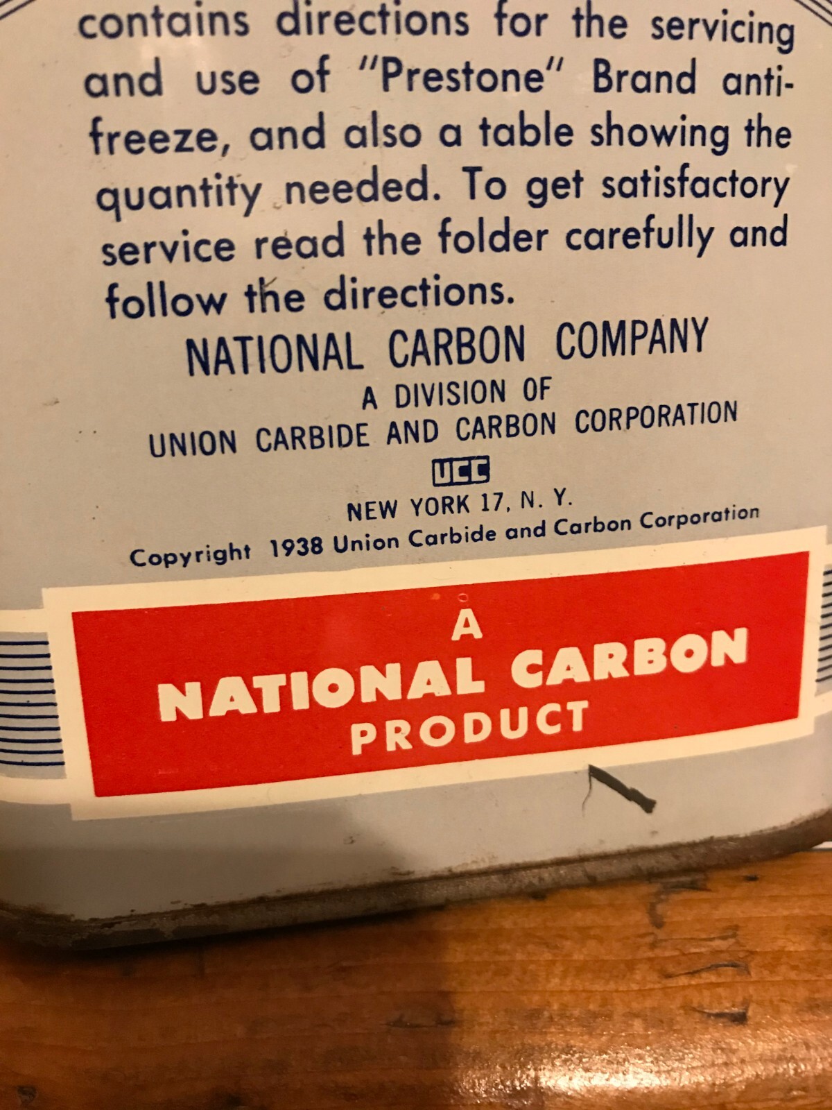 Vintage EVEREADY PRESTONE ANTI FREEZE 1 GALLON SQ CAN 1951 to 1953 VGC to Exc.