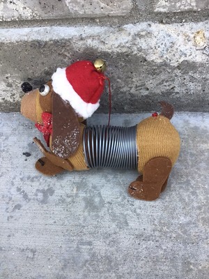 Brown Plush PUPPY DOG SLINKY Christmas Tree Ornament Santa Hat Red